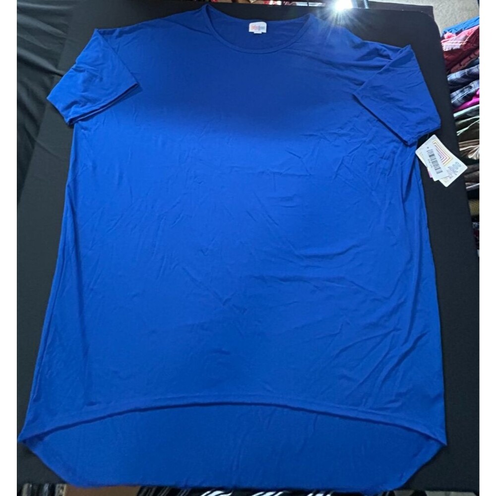 NWT LuLaRoe Irma Tunic 2X Plus Solid Blue High Low Short Sleeve Shirt Unicorn